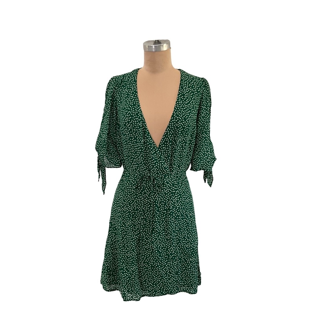 Reformation Sammy Dress Green Floral Mini Wrap Tie Sleeve Womens Size XS NWT USA